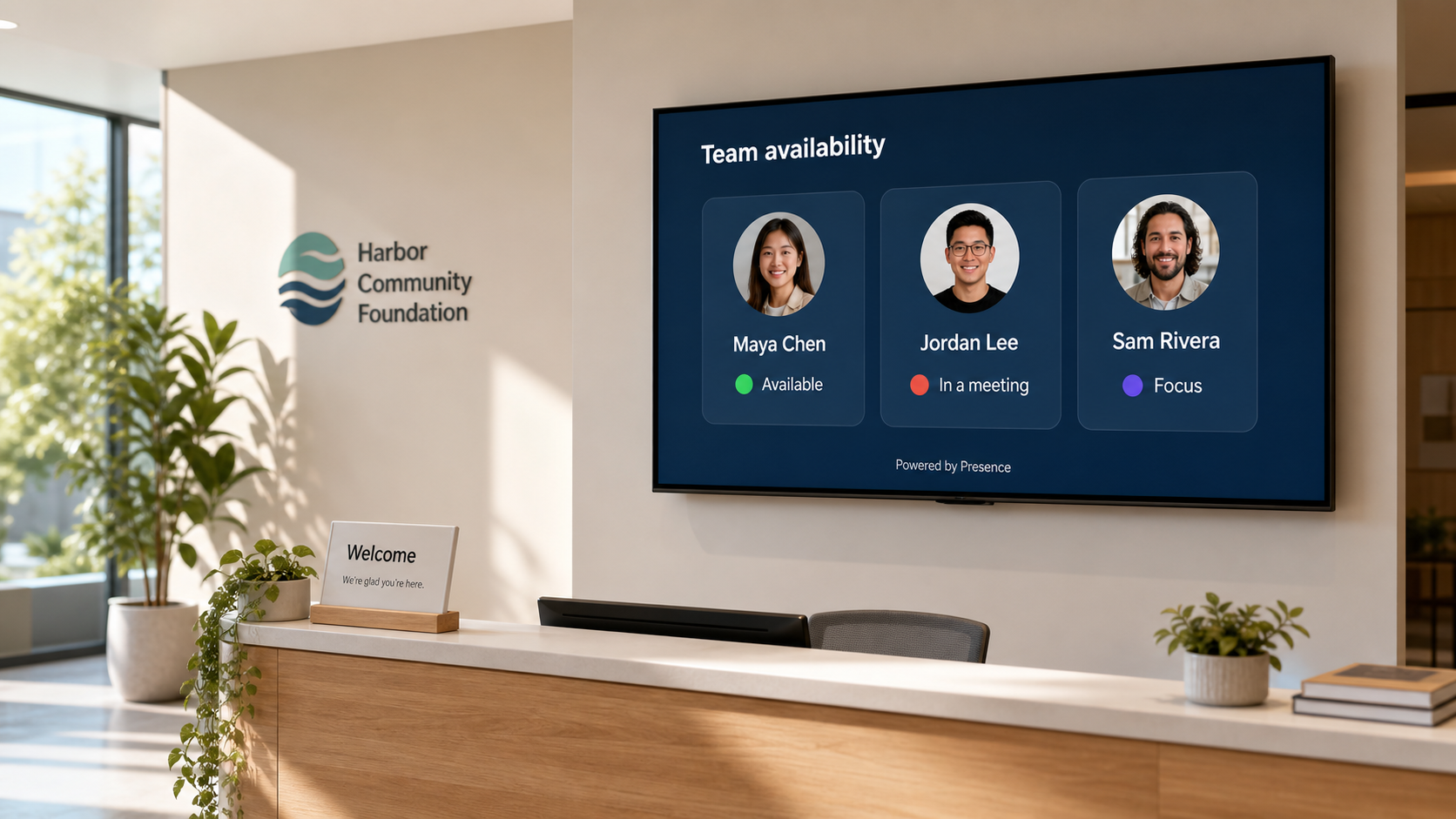 A fictional nonprofit reception area with Presence Team View displayed on a television