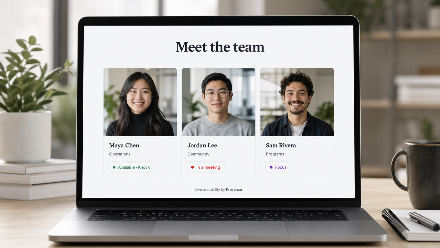 A staff website mockup with privacy-safe Presence availability badges